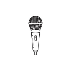 A simple, hand-drawn illustration of a microphone with a rounded head and a cylindrical body, outlined in black on a white background.