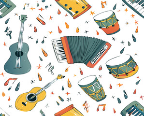 Seamless Pattern of Musical Instruments and Notes with Colorful Splashes Keywords: music, instruments, pattern, seamless, guitar, accordion, drums