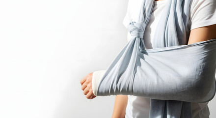 Person with broken arm in scarf sling on white background  