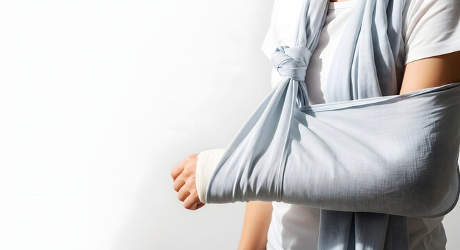Person with broken arm in scarf sling on white background  