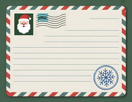 Vintage christmas postcard with santa claus stamp and snowflake postmark for holiday greetings