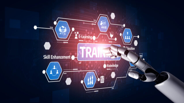 A robotic hand reaches towards a digital interface showcasing elements of online education, skill development, and knowledge enhancement in a modern tech environment. Tessel