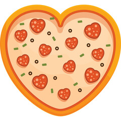 Heart Shaped Pizza with Pepperoni and Cheese on Transparent Background Decorated with Green Herbs and Black Olives