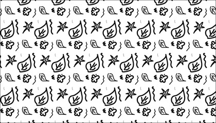 A repeating pattern of simple, hand-drawn organic shapes including leaves and star-like figures on a white background.