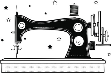 Vintage Sewing Machine Illustration with Stars on White Background Keywords: antique, art, black, classic, craft, creative, design, drawing