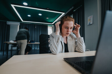 A professional woman wears headphones while attentively working at her laptop in a stylish, modern...