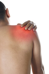 Man feeling extreme shoulder pain and discomfort needing medical attention or physical therapy for muscle relief