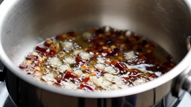 Sizzling chili garlic oil simmering in stainless steel saucepan.
