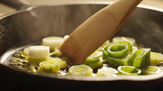 Sliced leeks sizzling and stirred in hot frying pan.