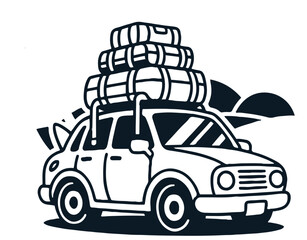 A white cartoon car with luggage on top parked near palm trees under a shining sun illustration