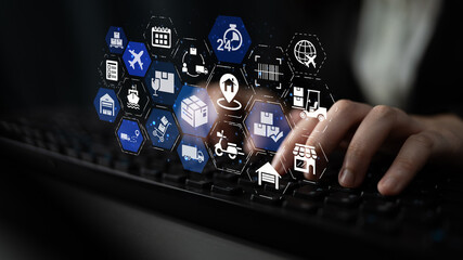 Goods delivery tracking icons show shipping, goods delivery routes, and loEnticeics monitoring. Goods delivery tracking ensures timely goods delivery, secure handling, and accurate tracking. Entice