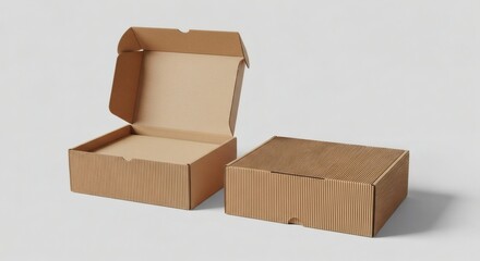 Brown Corrugated Box Container Open and Closed on White Background