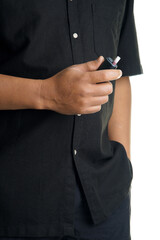 Man holds a stylish electronic cigarette with a casual black shirt, creating a sophisticated and modern lifestyle