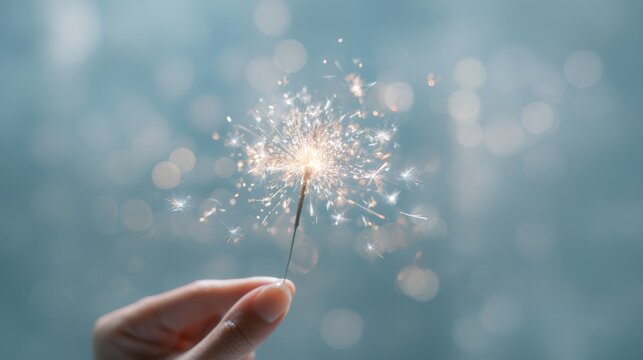 A close-up of a hand holding a sparkler, with shimmering sparks against a soft blue background.