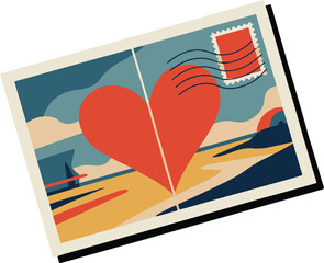 A postcard with a heart shaped illustration of a beach scene and a stamp on a blue background