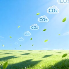 Naklejka premium CO2 Cloud Icons Floating Over Green Field – Clean Air, Climate Change, and Carbon Reduction Concept