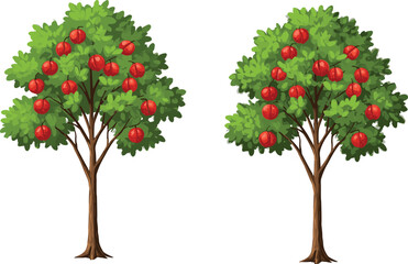 Obraz premium Fruit trees illustration, red fruit canopy, green foliage, stylized nature, productivity contrast, garden design, plant growth, agriculture, harvest, tree artwork