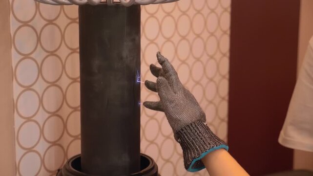 A lightning bolt emerges from a metal glove on a guy's hand and hits a Tesla coil. Closeup. Slow mo, slow motion, high speed camera