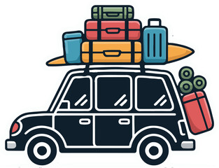A cartoon car with luggage on top and a surfboard ready for a vacation trip illustration style