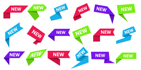 New sign. Sale sticker, tag with new price, color paper ribbons. Red, blue and green product and discount promotion 3D labels. Business advertisement banner. Vector isolated set