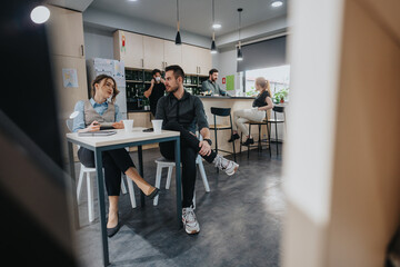 Group of coworkers communicating and relaxing in a contemporary workspace emphasizing collaboration...
