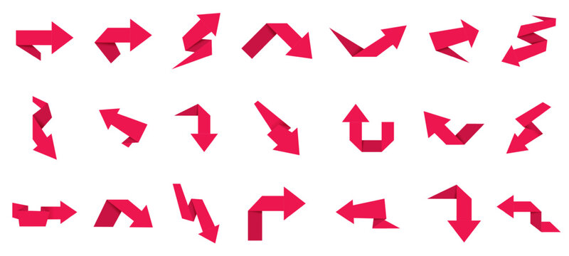 Red arrows. 3D direction pointers. Up, down and left, right origami paper ribbon arrow symbols. Vector isolated set