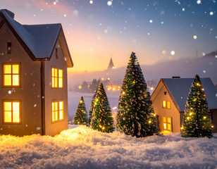 A christmas scene with a house and trees