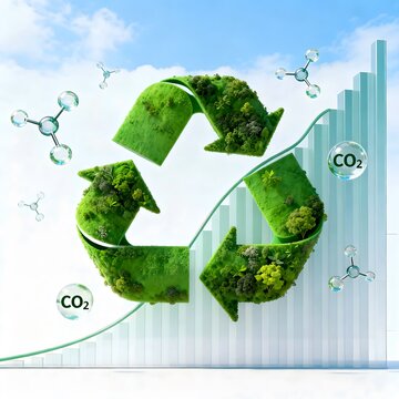 Eco Recycling Symbol With Greenery and CO2 Emissions &ndash; Environmental Sustainability Growth Chart
