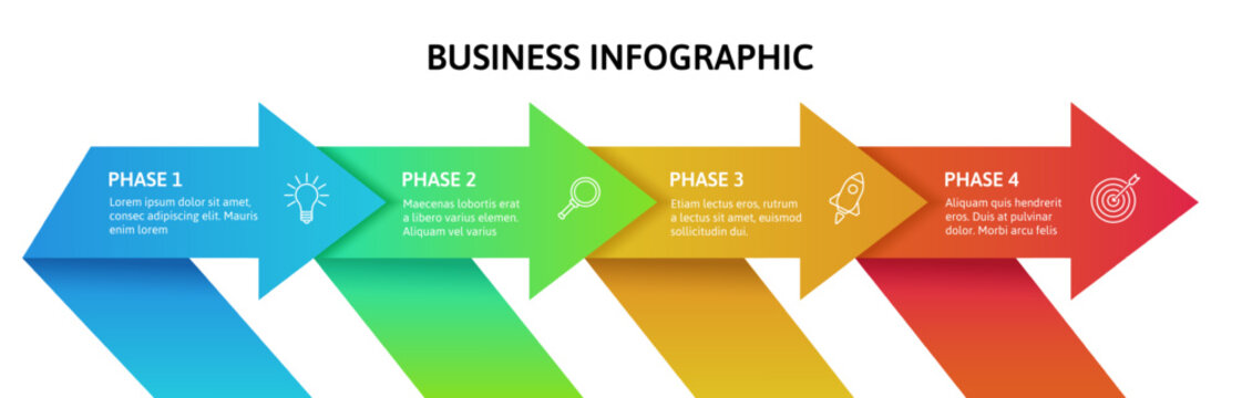Arrow chart infographic. Business presentation diagram 4 paper arrow steps, process chart, marketing strategy layout. Flowchart roadmap, timeline with four stage. Vector template