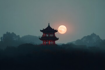 Obraz premium Traditional pagoda illuminated under a full moon in misty night sky