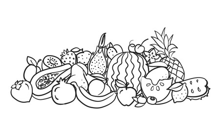 Doodle fruits pile. Hand drawn pineapple, watermelon and banana, apple and lemon, pear and peach, pomegranate and dragon, persimmon and cherry. Sketch tropic fruit vector set