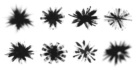 Grunge burst. Abstract halftone explosion, brush stroke firework, boom textured black bubble shape retro comic effect. Vector isolated set