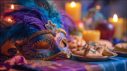 Fototapeta premium Masquerade mask with decorations and feathers on the table set with celebration sweets and bakery and candles. Event banner, Purim holiday background, carnival wallpaper.