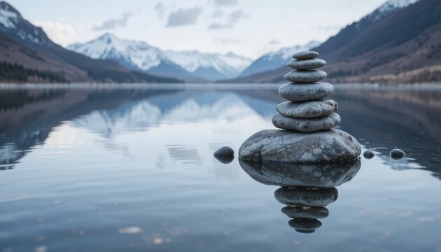 A stack of smooth, gray stones rests on a calm lake, its reflection mirrored perfectly in the still water, with snowcapped mountains in the background