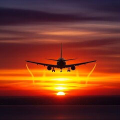 Airplane Silhouette Against a Vibrant Sunset Sky.