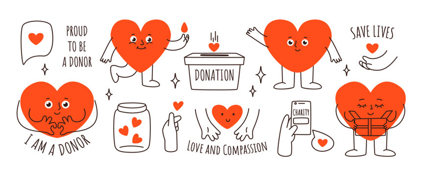 Doodle charity heart character. Donation box, hearts in jar, donate with love, charity app on smartphone, hands holding heart and donor elements. Fundraising vector set