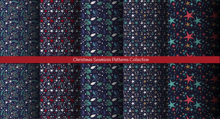 Winter Seamless Vector Collection of Floral Patterns with Green Branches, Leaves and Stars on a dark Blue Background