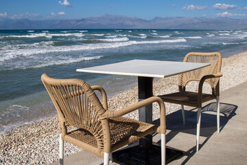 Empty restaurant terrace with seaview, Greece