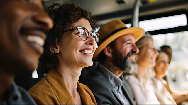 A woman with curly hair sits on a bus, sitting next to a man wearing a hat. The bus environment is lively, with multiple commuters quietly engaged in their own thoughts.