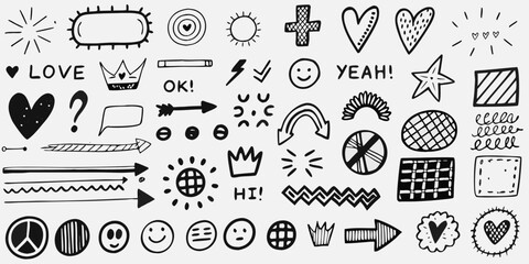Collection of hand drawn doodle icons and symbols including hearts stars smiley faces arrows and text for design