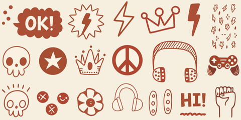 Collection of hand drawn doodle icons featuring skulls crowns lightning bolts peace signs and headphones