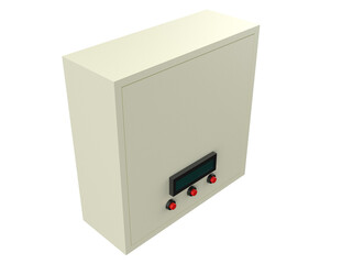Factory Automation Equipment Control Board: Isolated Front View 3D Render of Beige Industrial Safety System Box, Featuring Digital Readout Panel and Red Emergency StartStop Buttons, HD Transparent PNG