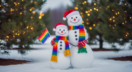 Two snowmen in Santa hats and rainbow scarves in the snow, holding a pride flag celebrating love, equality, and festive joy with a playful winter spirit.