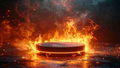 A round platform engulfed in flames and smoke, with a fiery glow.