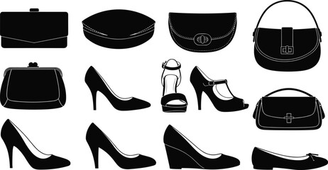 Women’s fashion silhouettes, handbags, clutches, high heels, wedge shoes, flats, vintage purses, black icons, accessory layout, style reference
