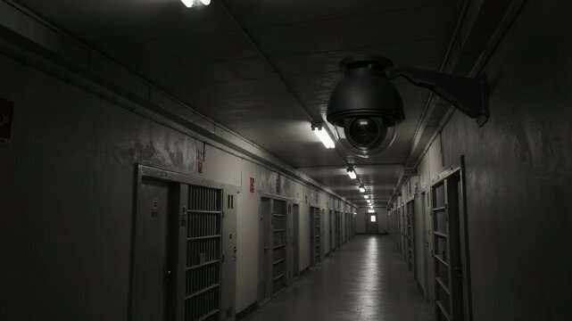 Security camera in dim prison hallway with metal doors, crime surveillance scene in correctional facility, monitoring corridor in detention block, safety control and restricted movement zone