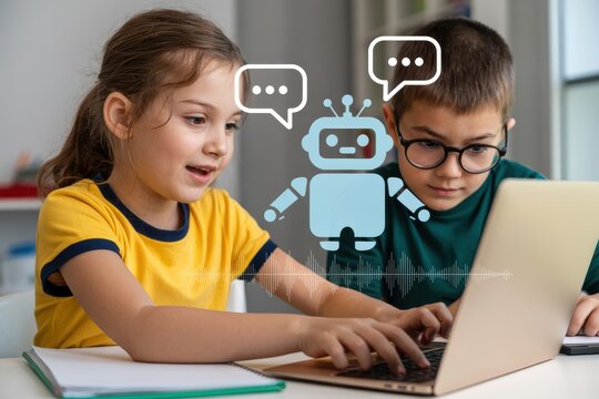 Two children using a laptop with a robot graphic and speech bubbles overlayed on the image