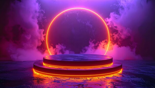 A glowing neon ring illuminates a circular platform amidst swirling purple clouds.