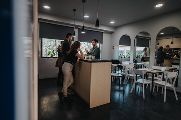 Colleagues socialize in a contemporary office break area, promoting teamwork and casual...