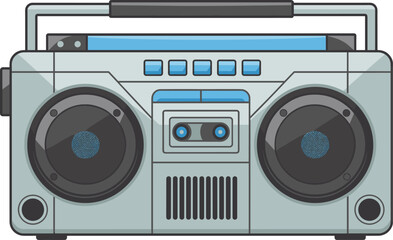 Vintage boombox illustration, retro cassette player, 80s music culture, portable stereo, audio equipment, street music, classic radio, nostalgia, vector, art